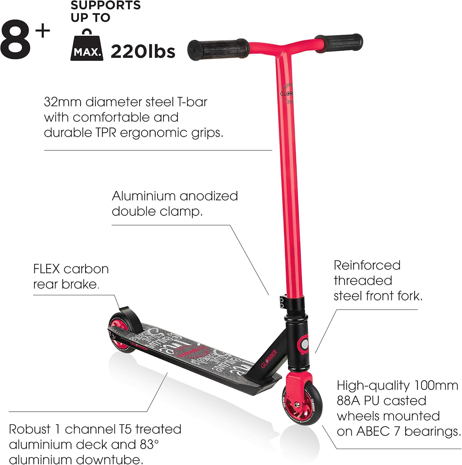 Globber Stunt Scooter GS 360 2-Wheel Stunt Scooter Sturdy Aluminium Deck, Reinforced 83° Aluminium downtube for Teens and Adults (Black/Red)