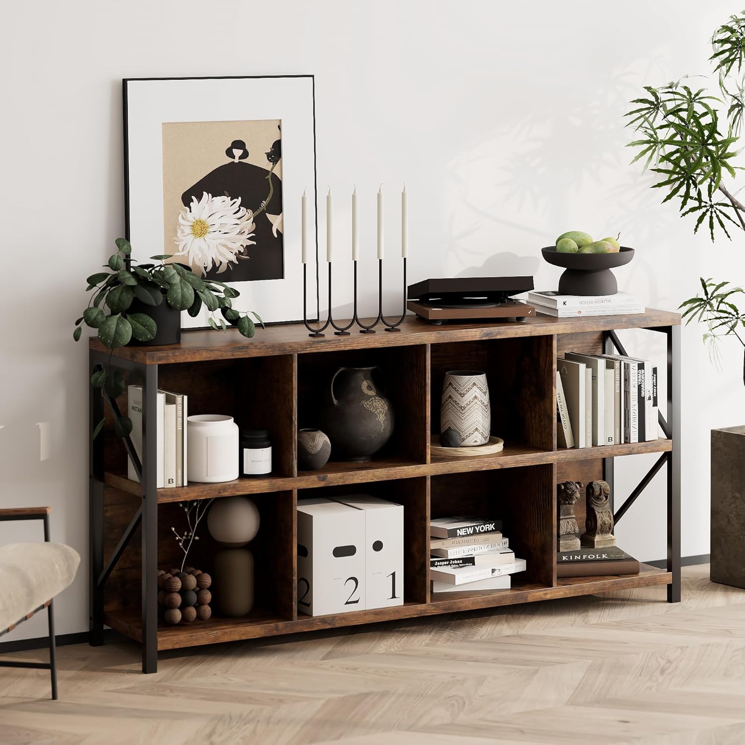 otlestics 2-Tier Bookcase with 8 Cubes, 63 Inch Industrial Horizontal Bookshelf, Home Office Storage Cabinet Organizer with Metal Legs, Rustic Brown