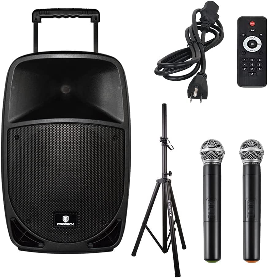 PRORECK Freedom 12 Portable Wireless 12-Inch 500 Watt Powered Dj/PA Speaker Rechargeable Karaoke System with Bluetooth/USB Drive Read/SD Card Reader/FM/Remote Control/Wireless Microphone