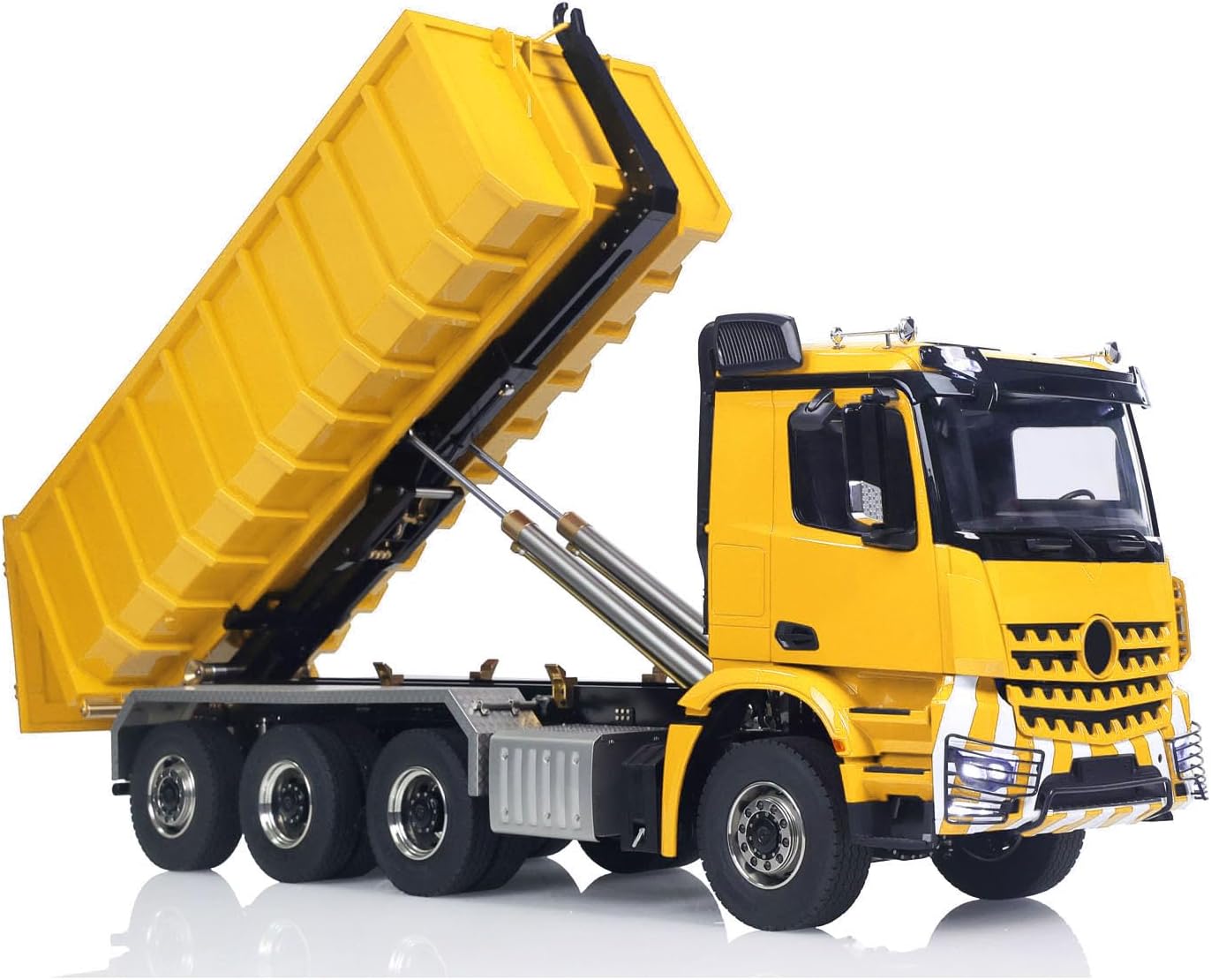 1/14 RC Hydraulic Dumper Truck 8X8 Roll On Off Full Dumper Car Rear Axle Steering Light Sound I6S Radio Controller(Yellow)