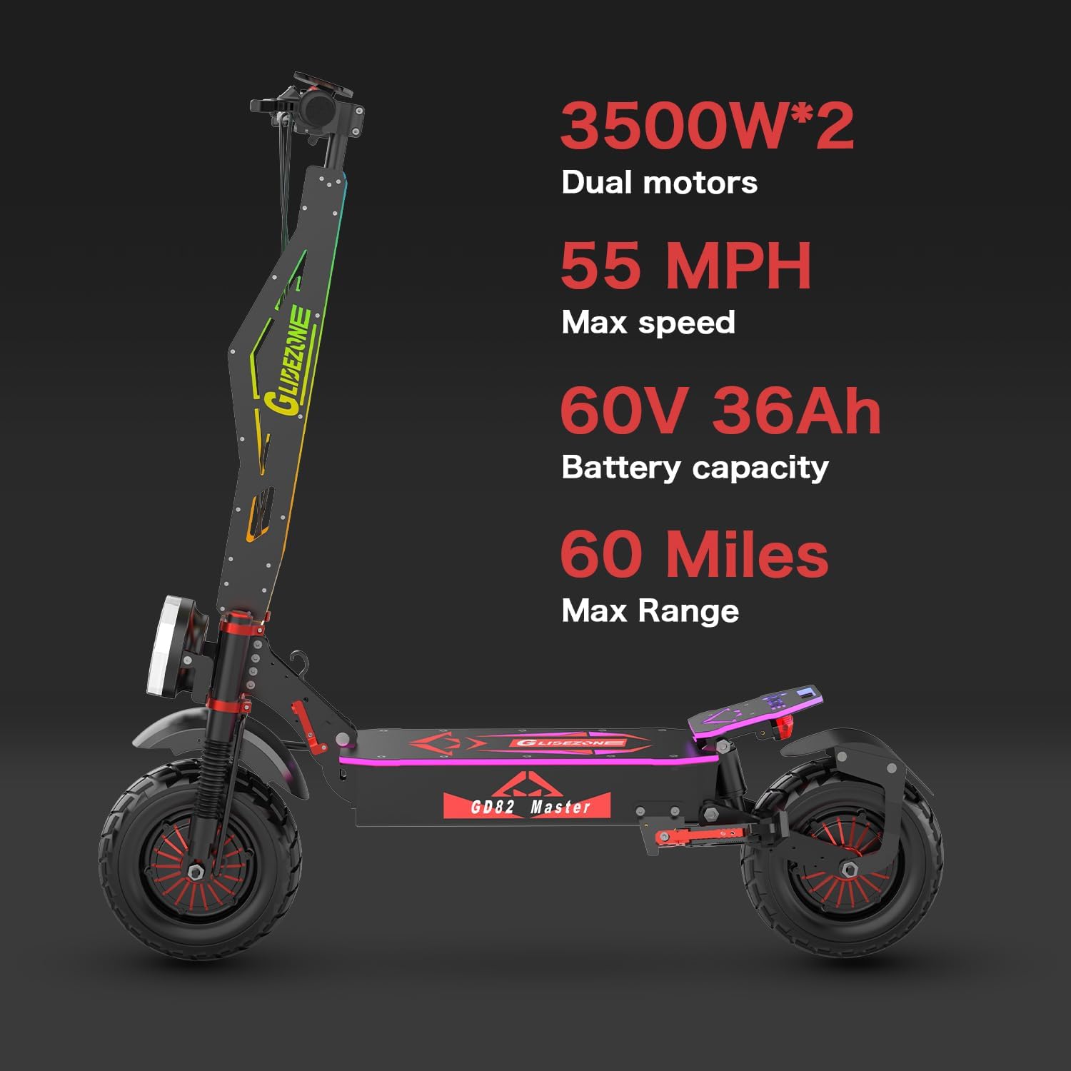 GD82 Electric Offroad Scooter - 55 MPH Fastest Dual Motor Adult Scooter, 7000W Peak, 60-Mile Long Range, 12
