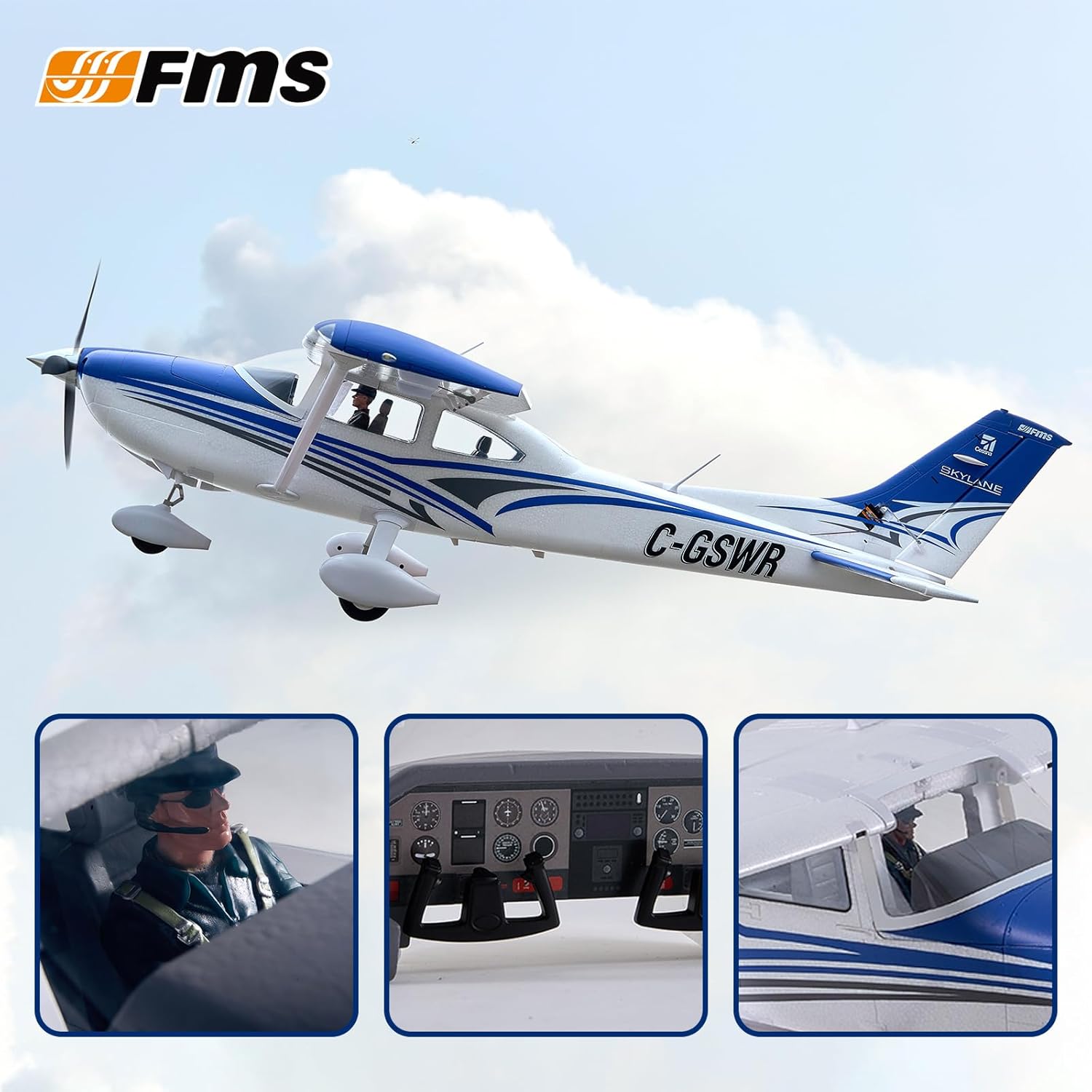 Fms Rc Planes for Beginners Remote Control Airplane for Adults Single-Engine Propeller Airplane 1500MM Cessna 182 Blue 6 Channel Hobby Rc Airplanes PNP (No Radio, Battery, Charger)