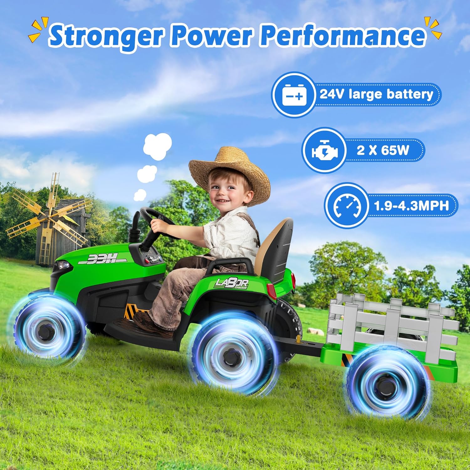 24V Ride On Tractor w/Tiltable & Detachable Trailer, 2x65W Motors, EVA Tires, Remote Control, Bluetooth, Shifter, Music, Electric Car for Kids (Green)