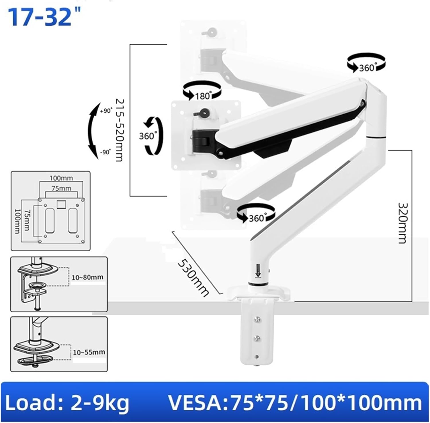 Desktop gas spring full-motion monitor stand, supports rotation and tilt of computer stand and TV stand(17-32 inch M3P)