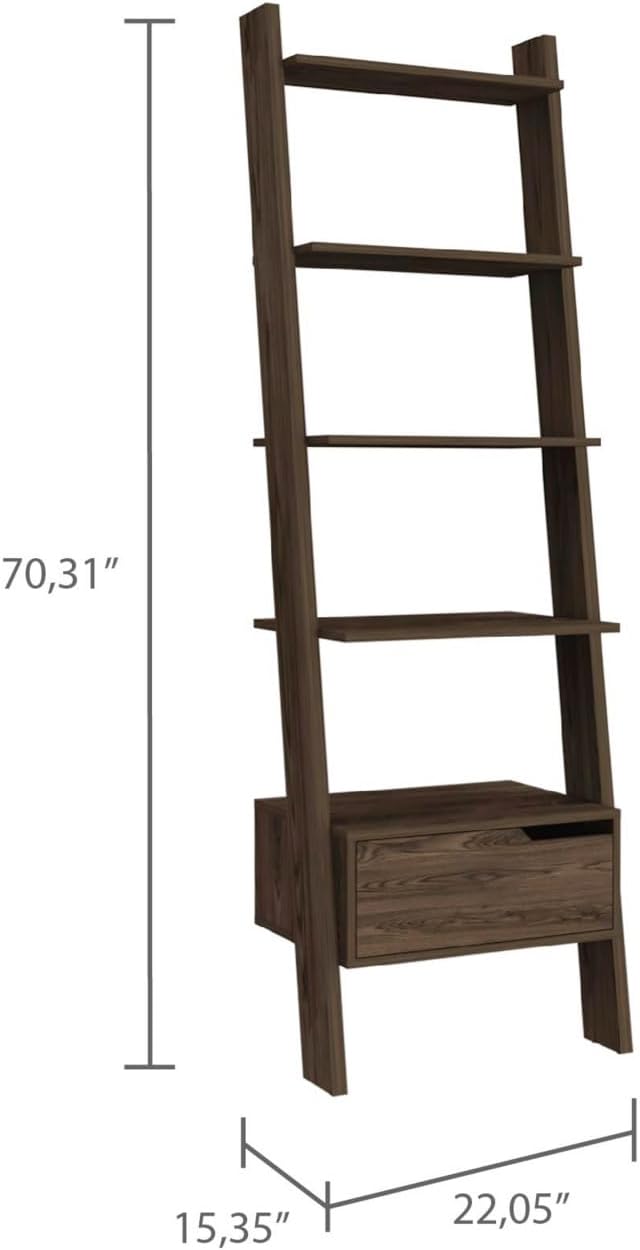 KCSWKJ Oslo Ladder Bookcase, Four Legs, One Drawer, Five Open Shelves -Dark Walnut