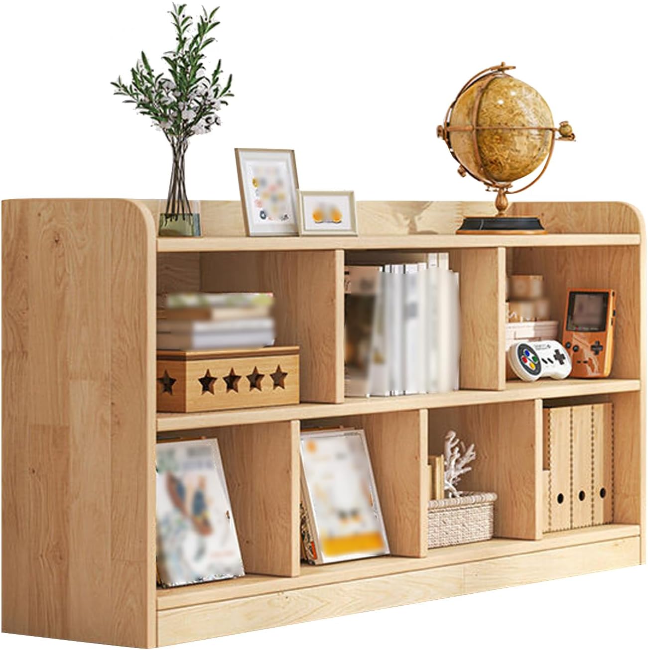 Horizontal bookshelf,Floor Standing Bookcase,7 Cube Storage Organizer with Base, 2 Tier Solid Wood Open Cube Shelf, Display Shelf, Easy to Install for Bedroom Living Room Office (47.2