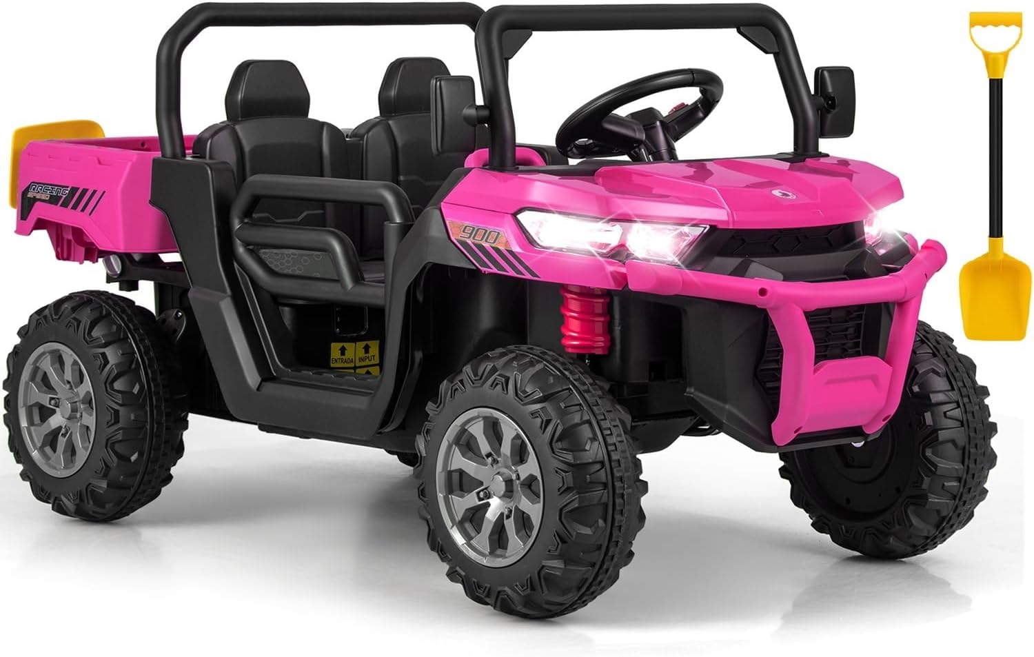 OLAKIDS 2 Seater Ride On Car, 12V Off-Road UTV Electric Vehicle with Remote Control, Dump Bed, Extra Shovel, Music, USB, AUX, Rocking Function, Kids Toddlers Battery Powered Truck (Rose)