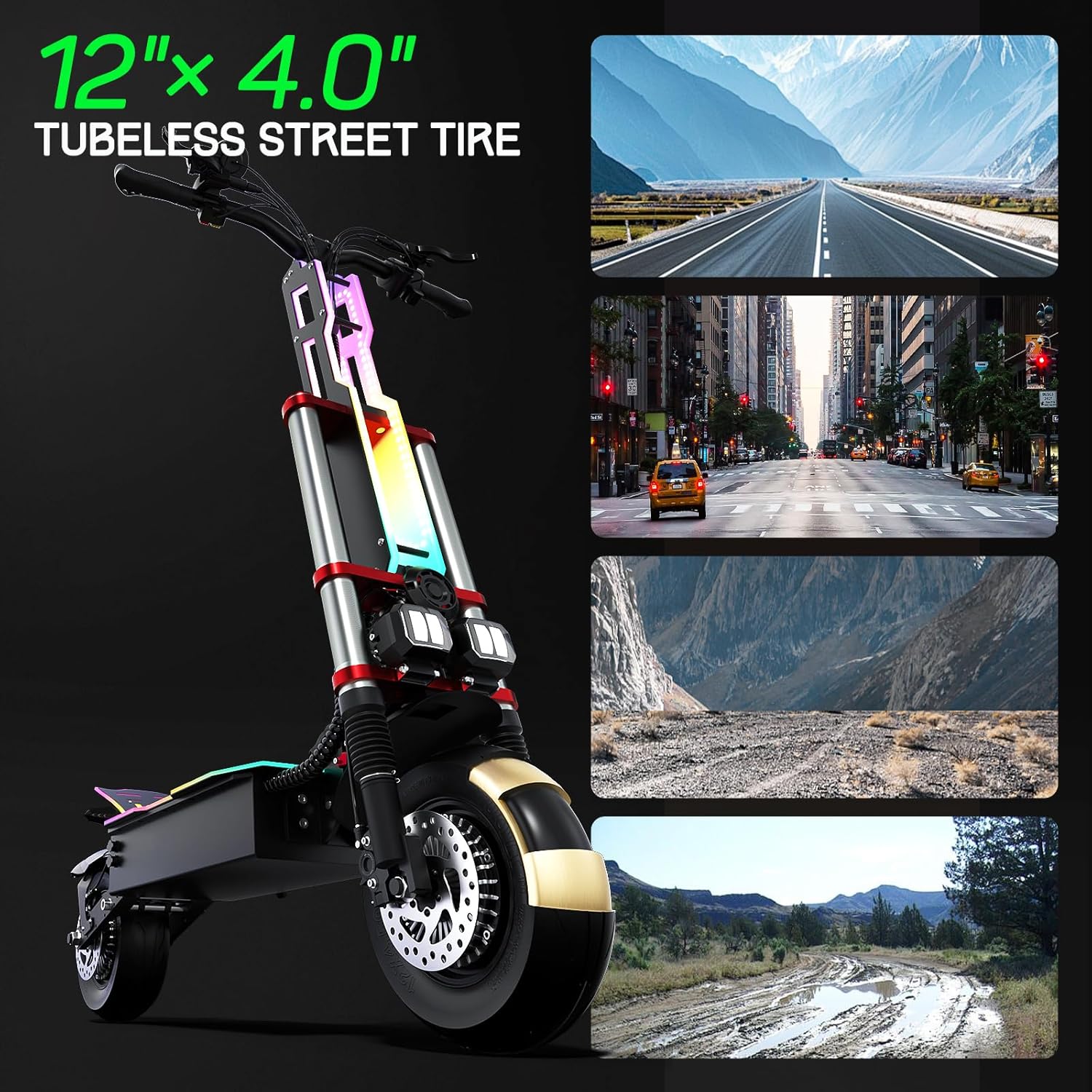 Electric Scooter Adult K8 6000w Dual Motor, Max Speed 50MPH Range 70 Miles, 12 Inch Street Tires Commuter Dual Suspension E-Scooter with Seat and RGB Light
