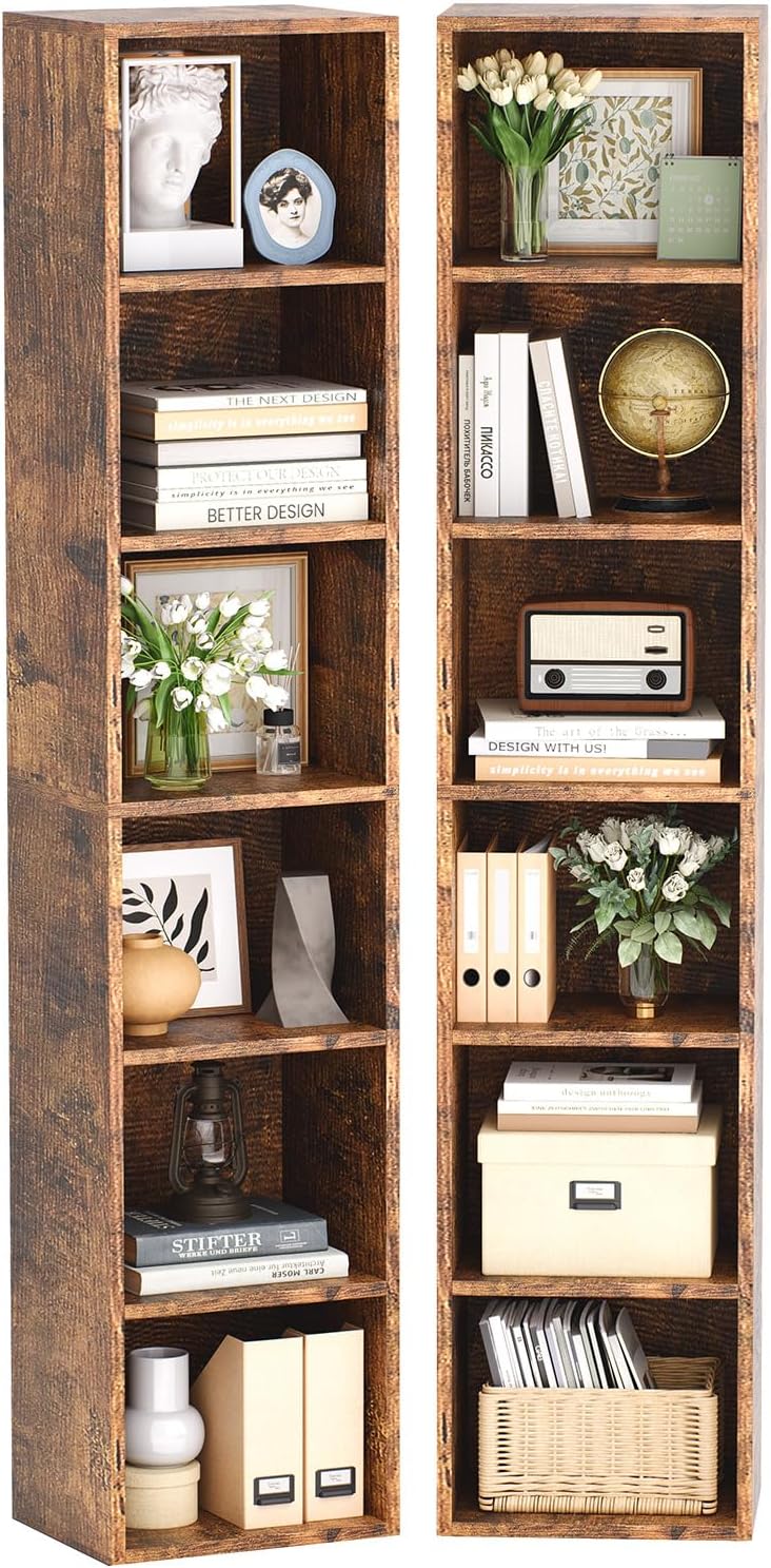 oneinmil 6-Tier Bookshelf 71.5'' Tall Narrow Set of 2 Modern Corner Bookcase Cube Display Rack Compact with Storage Space CD Storage Cabinet for Home Office (Brown, 2 Pack)