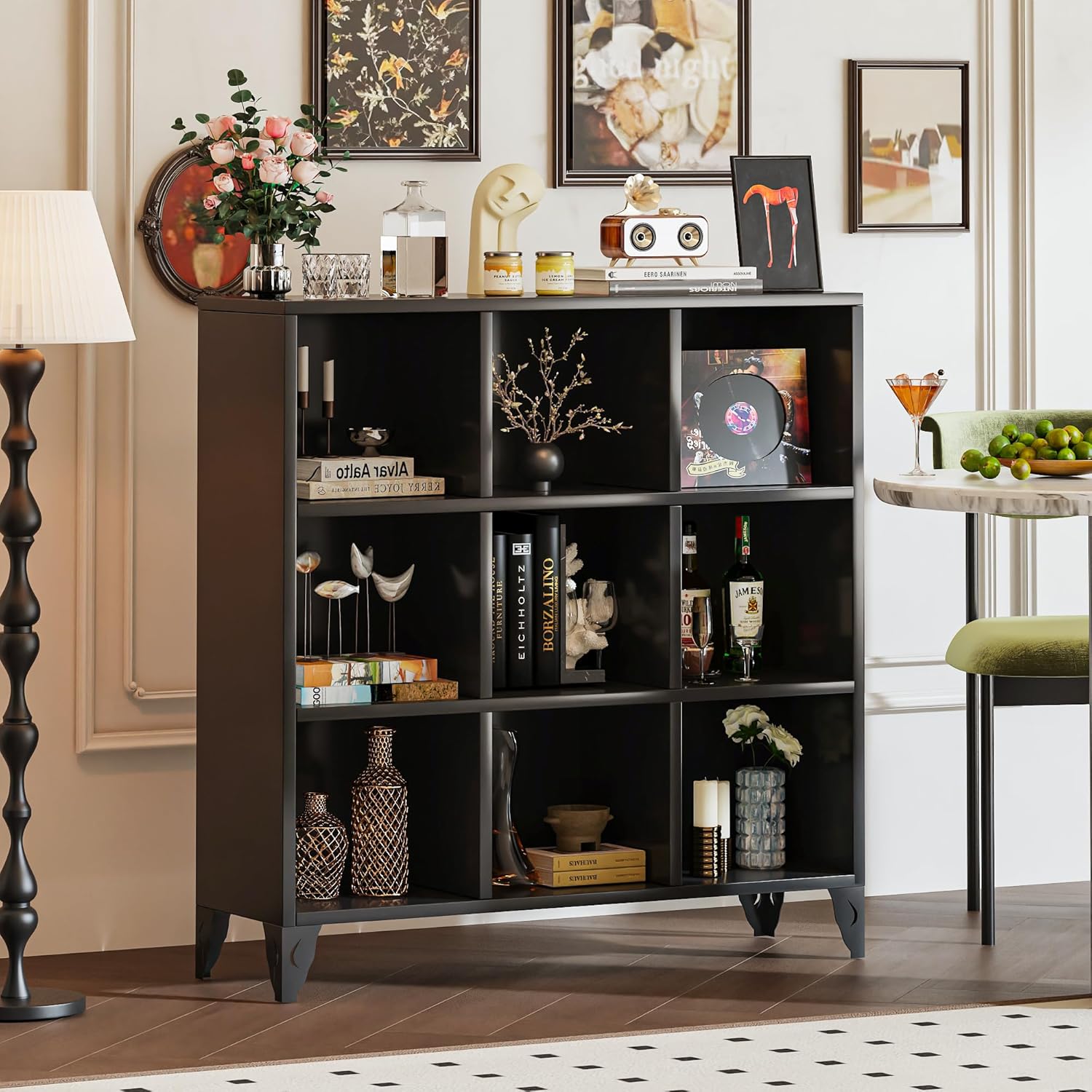 YANGVULCAN Metal 9 Cube Storage Organizer, Heavy-Duty Large Cube Shelf Bookcase with Legs, Waterproof Modern Cubby Bookshelf TV Stand for Home Office Living Room - Black