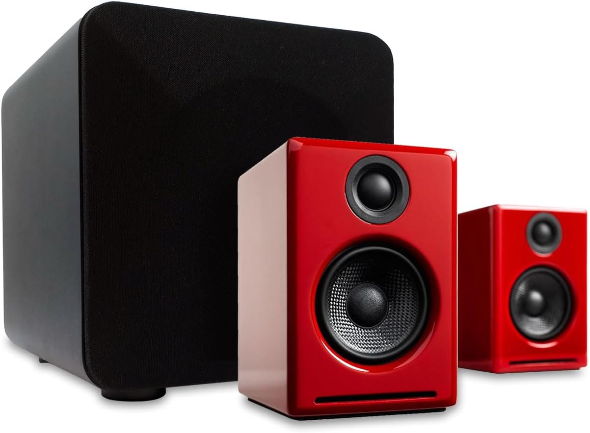 Audioengine A2 Red Pc Speakers for Desktop and S6 Black Subwoofer for Music Gaming Movies Studios Dorms Bedrooms Offices