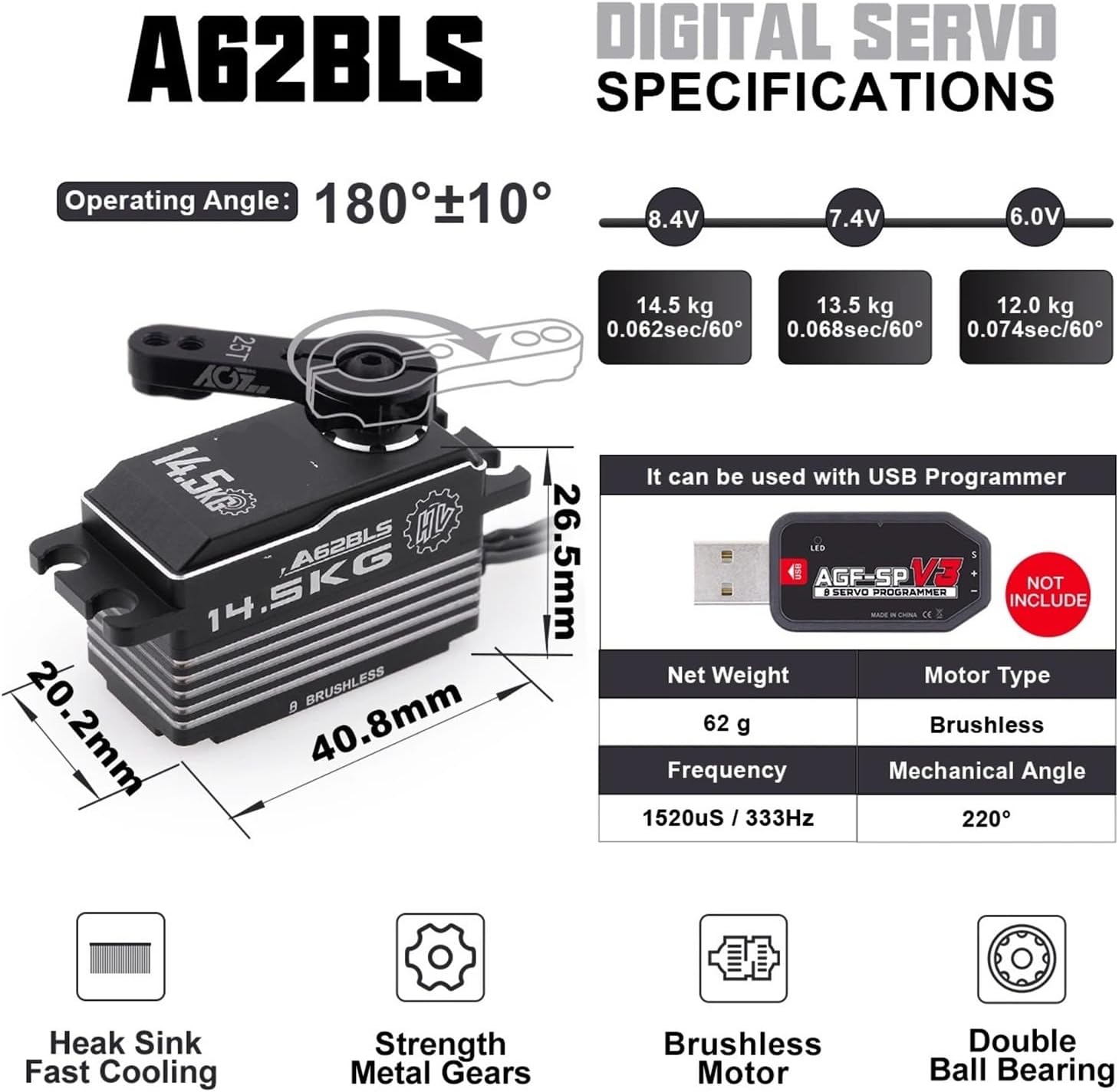 A62BLS 14.5KG Brushless Short Body Servo Digital Metal Housing Gear Motor Suitable for 1/8 1/10(A62BLS 14.4kg Servo)