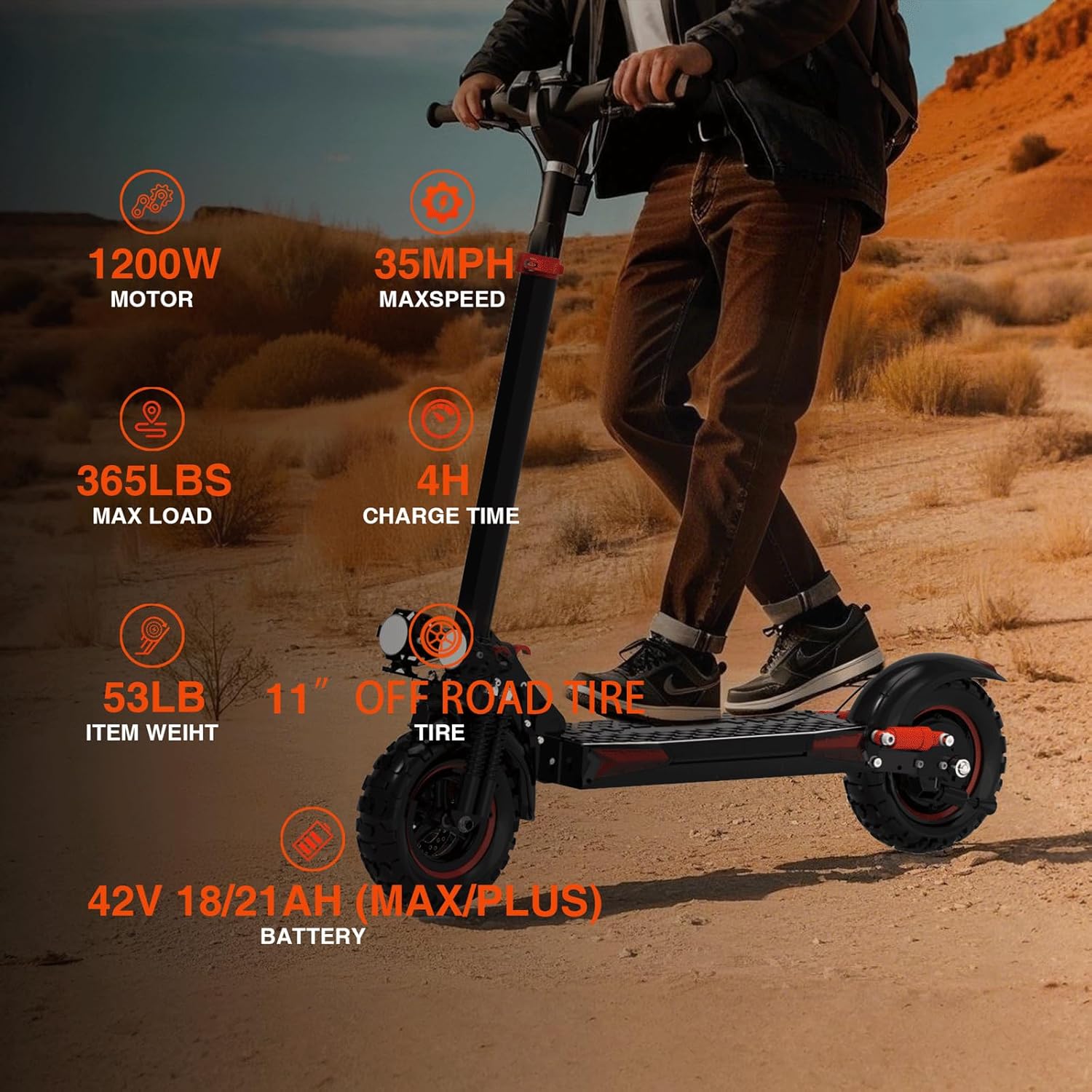 Electric Scooter Adults, 31/34 MPH w/ 40Mile Range, 48V18/21AH, 1200W/1600W Peak Motor, 11