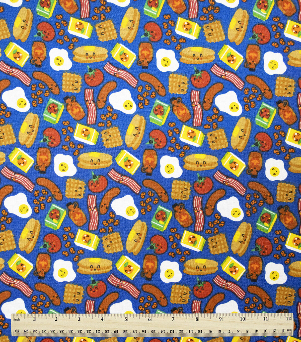 Happy Breakfast Foods on Blue Novelty Cotton Fabric