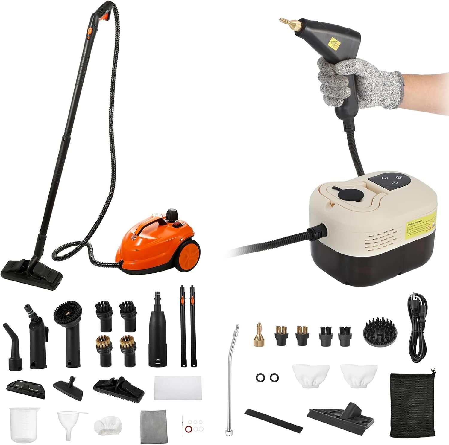 BEAMNOVA 1.2L Beige Car Steamer Steam Cleaner + Orange Steam Clear with Roller Wheels