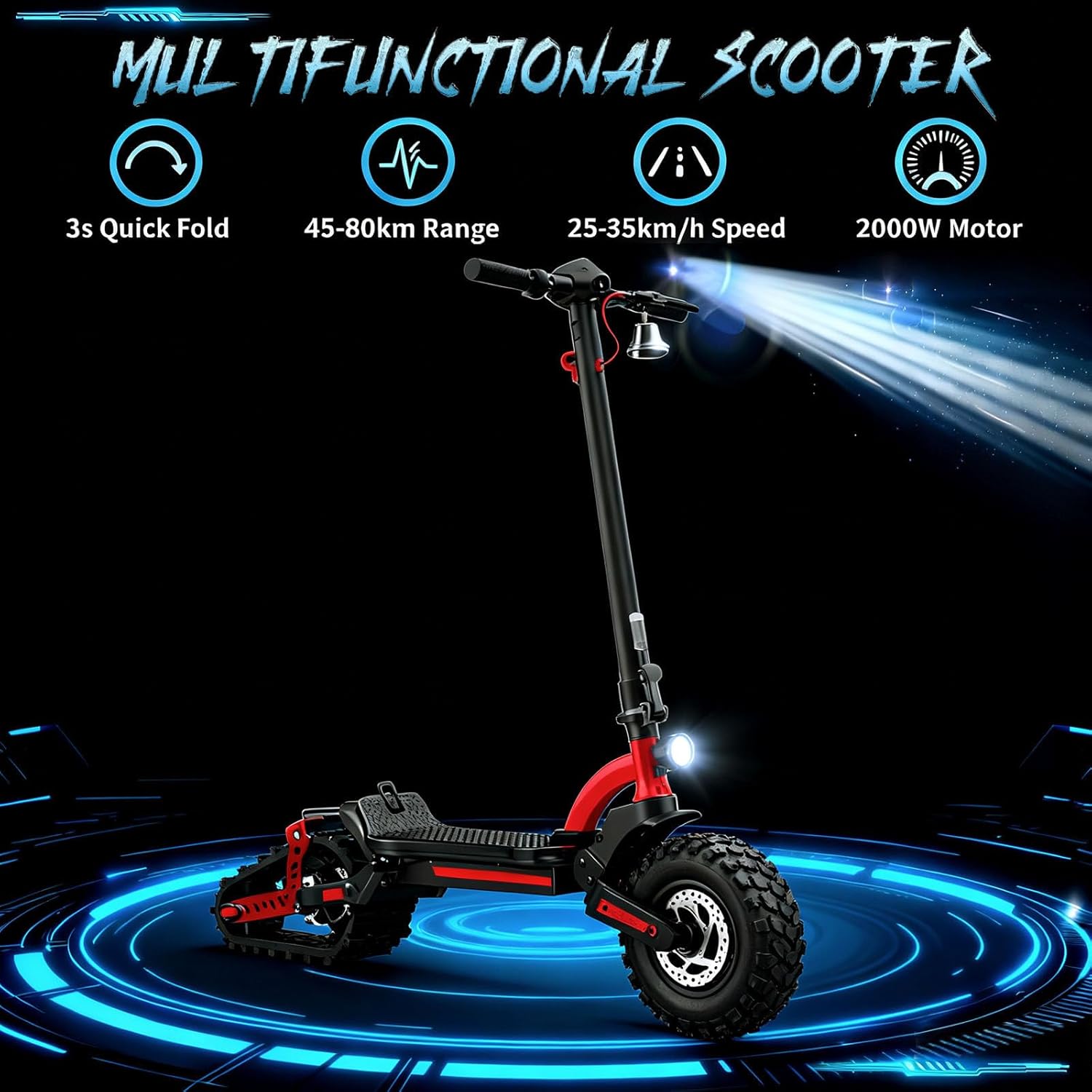 Quick-Swap 3-in-1 Adult E Scooter - 2000W Motor for City, Off-Road & Snow, 19.2AH Battery for 45-80KM Range, 25-35KM/H, Foldable Design with LCD Display Offroad