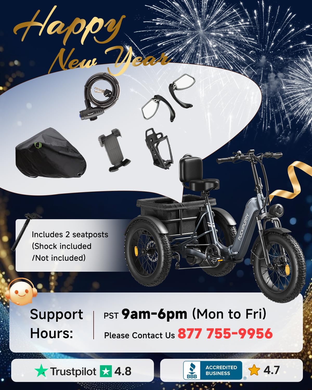 PUCKIPUPPY Electric Trike for Adult with 960W Peak Motor, 60 Miles Range Pickup Class Tricycle, 500 Lbs Load Electric Trike with Rear Differential and 20” Fat Tires, 48V 17.4AH Cell Battery, Husky