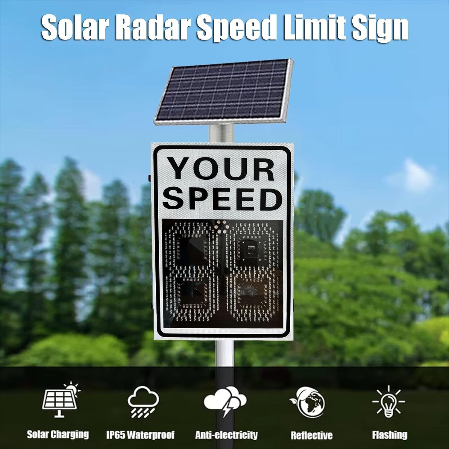 Solar Powered LED Speed Radar Sign - Reflective Aluminum Traffic Warning for School Zone, Highway, Street, Parking Lot - 23.6x35.4in, Enhance Road Safety
