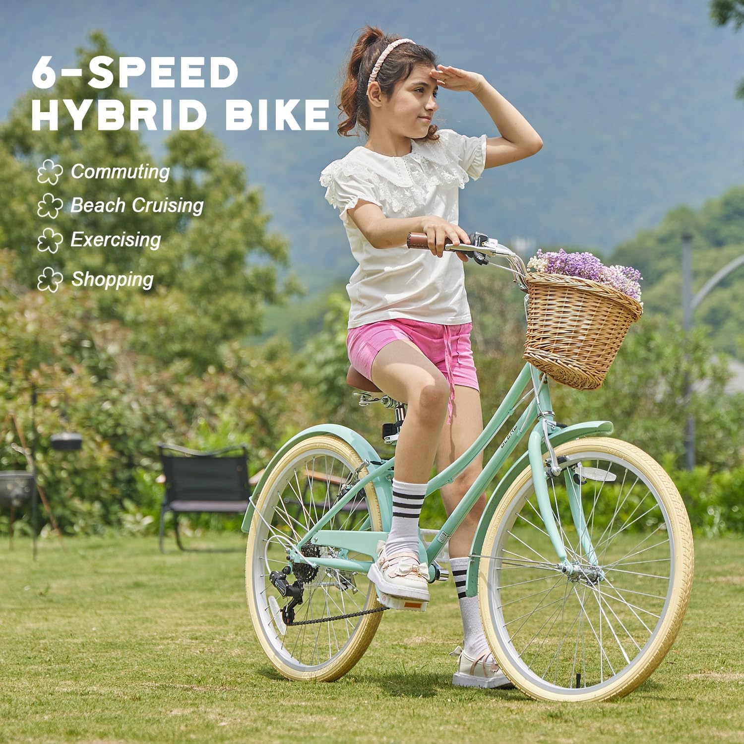 Glerc 20 24 26 Inch Beach Cruiser Bike, 6-Speed Hybrid City Bicycle for Girls Youth and Over 6 Years Old, Missy Bike with Wicker Basket & Lightweight, Multiple Colors