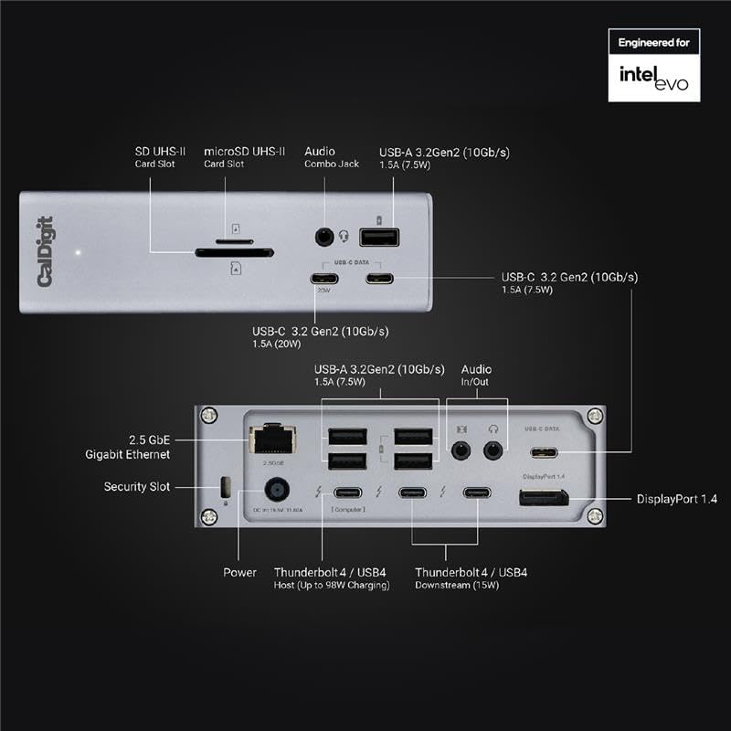 CalDigit TS4, 18-in-1 Thunderbolt 4 Docking Station, 98W Charging, 3* TBT4 (40Gb/s), 3* USB-C + 5* USB-A (10Gb/s), 2.5GbE LAN, 1*8K@30Hz or 2*6K@60Hz Displays, Mac/Windows/Chrome, 0.8m Certified Cable