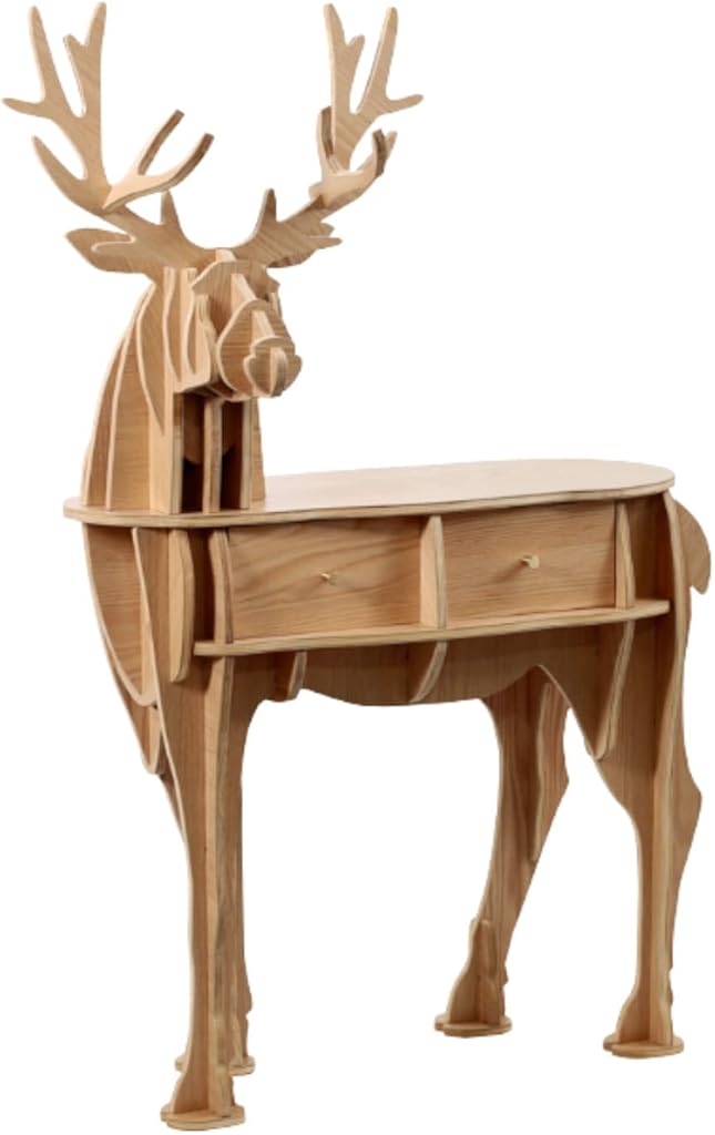 Animal Bookshelf W/ 2 Drawer Solid Wood Storage Rack Floor Standing Creative Elk Shaped Bookcase Corner Side Cabinet for Living Room