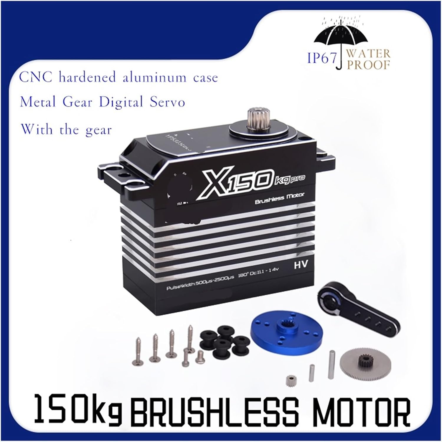 150KG High Torque High Pressure CNC Aluminum Shell Metal Gear Brushless Waterproof 1/6 Scale Giant Servo Suitable for Large Models