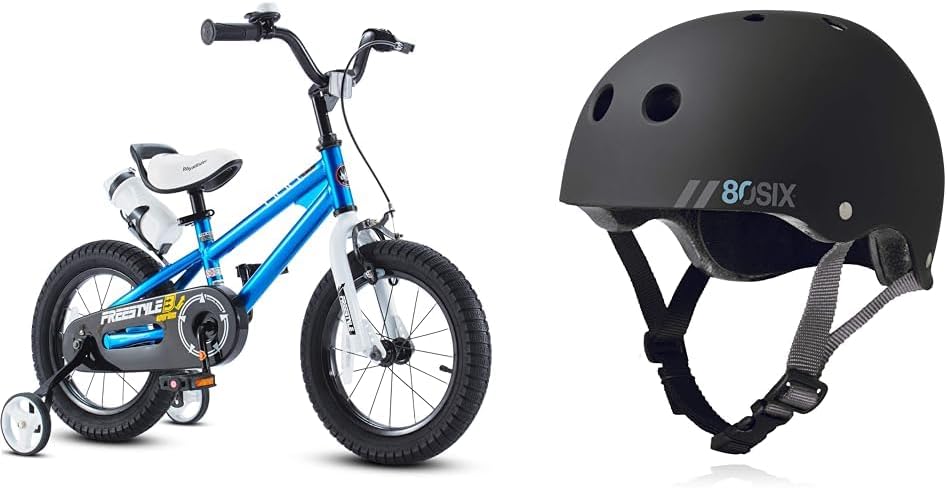 Royalbaby Freestyle BMX Bicycle with Training Wheels & 80Six Dual Certified Kids Helmet Bundle - Blue 16 Inch