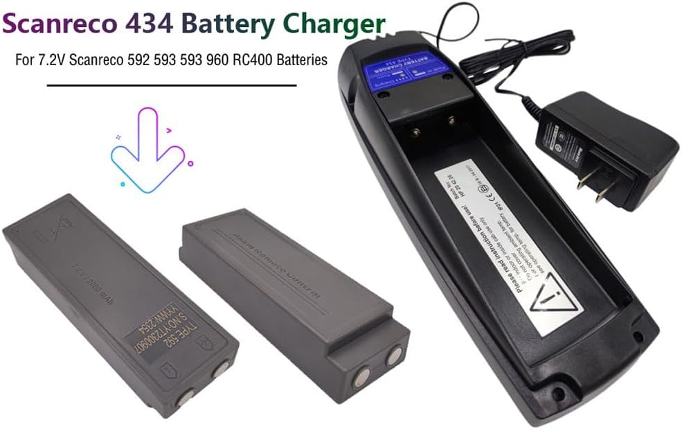 (1-Pack) 110-240V Scanreco 434 EEA4291 Battery Charger + (2-Pieces) Type 592 Battery for 7.2V SCANRECO 592 590 960 RC400 EEA2512 RSC7220 13445