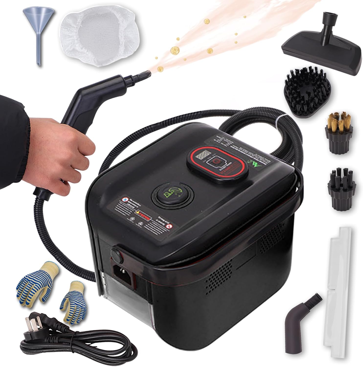 Steam Cleaner, 1500W Powerful Multipurpose Power Steamer, Heavy Duty Canister Steamer, 13s Heat-Up, 1.2L Tank, 3-Level Adjustable Handle with Accessories for Home, Car, Dirt (Black)