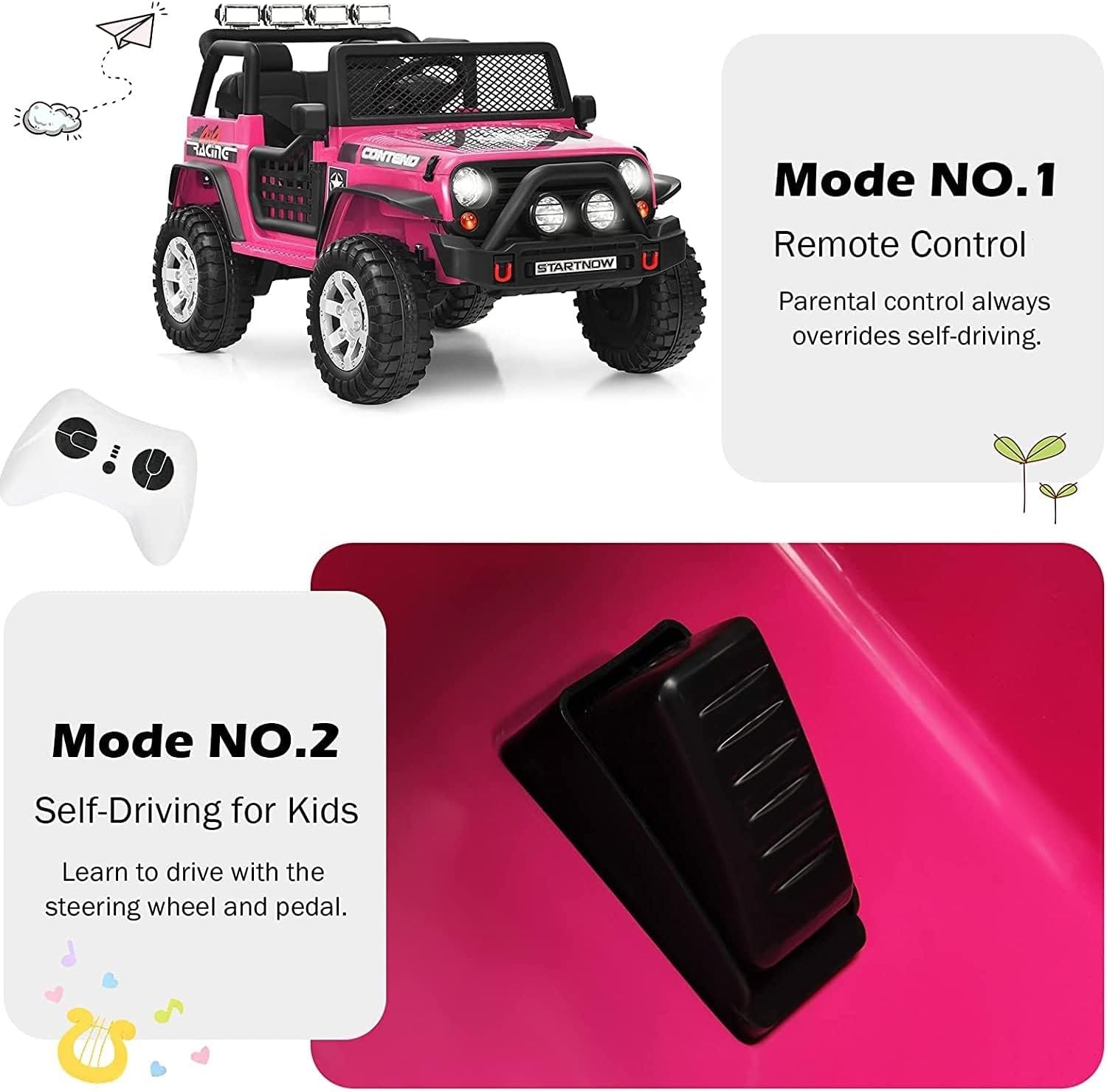 Costzon 2-Seater Ride on Truck, 12V Battery Powered Electric Vehicle w/Remote Control, 2 Speeds, Spring Suspension, LED Light, Horn, Music/ MP3, 2 Doors Open, Ride on Car for Kids (Pink)