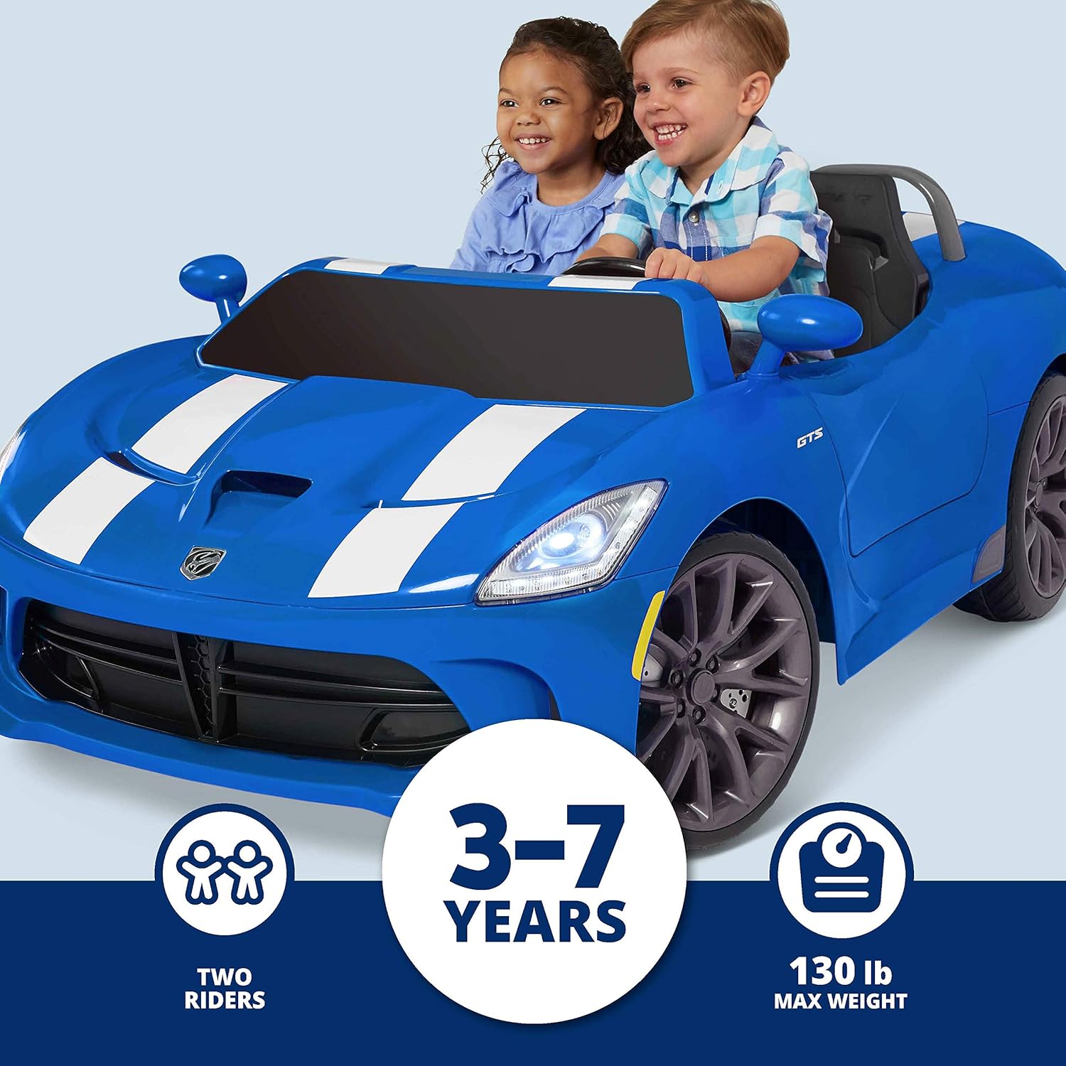 Kid Trax Dodge Viper SRT Convertible Toddler Ride On Toy, Ages 3 - 7 years old, 12 Volt Battery, Max Weight of 130 lbs, Two Seater, Working Lights, Blue/Stripe