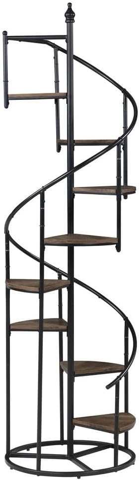 Elegant 8-Shelf Spiral Staircase Bookcase in Rustic Brown and Black by FurniFact