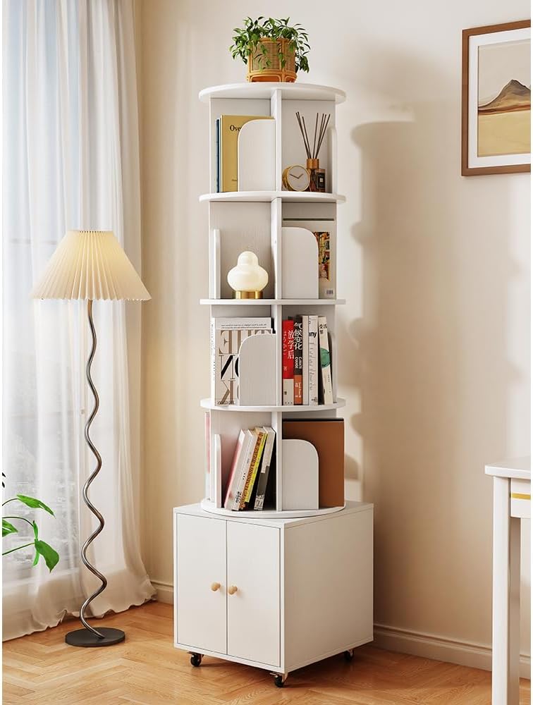 JovyTide Rotating Bookshelf, 360 Display Corner Bookshelf for Small Space, 6 Tier Bookcase Storage Rack with Wheels, Wood Narrow Organizer for Bedroom, Living Room, Study Room, Shelves (White-2)