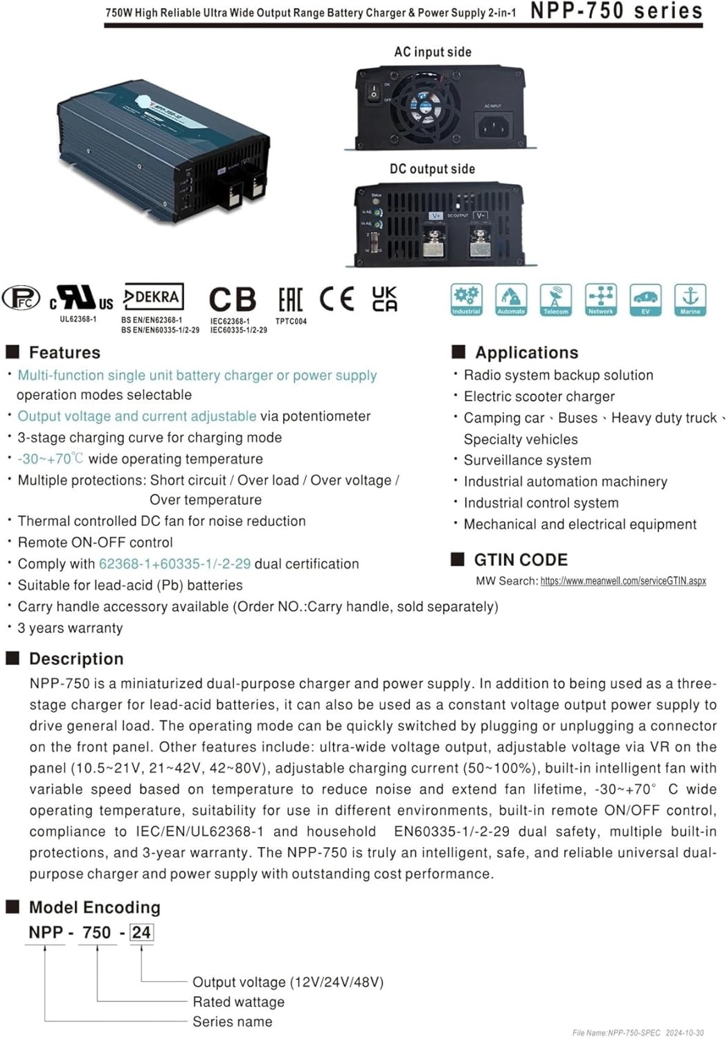 750W Output Battery Charger & Power Supply 2-in-1 NPP-750-12 NPP-750-24 NPP-750-48(NPP-750-12)