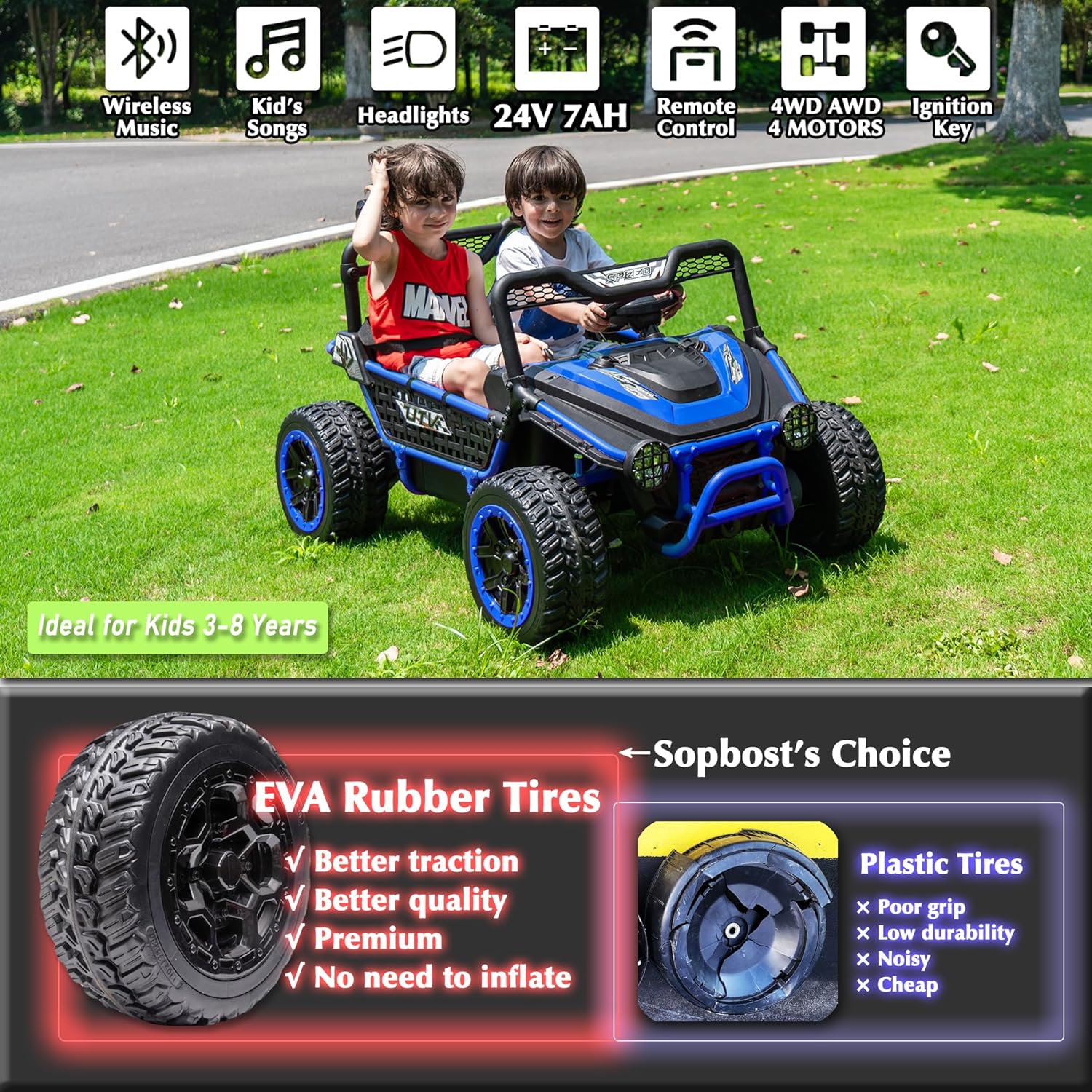 sopbost Premium 24V 2 Seater XXL Kids UTV Ride On Car with Remote Control 4WD Off Road Electric Vehicle Ride On Toy Car with EVA Tires Wheels, Metal Frame, Bluetooth (Blue)