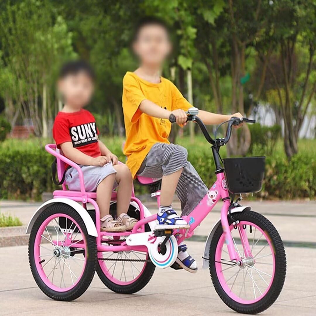 Toddler Pedal tricycles for Age 2-10,Outdoor Trike,Chain Bike,Tandem trikes with Rear seat,Folding Kids tricycles with Single Brake,3 Wheelers (Pink 18 in)