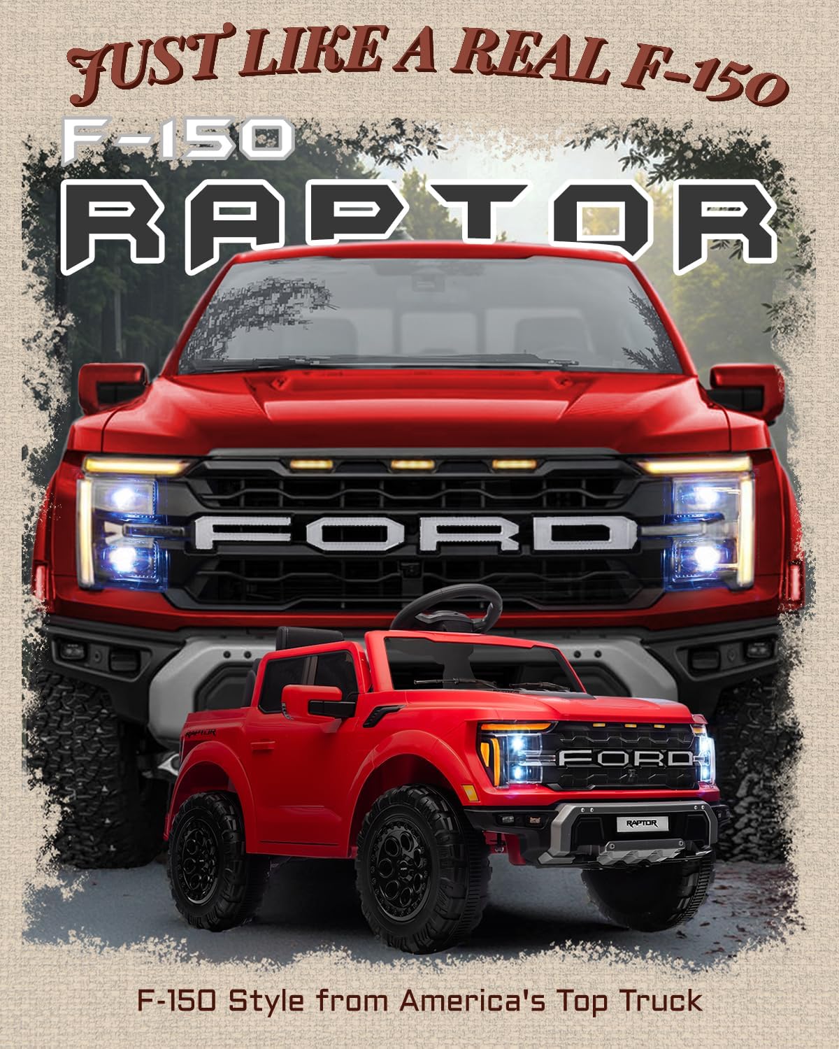 First Ride On Licensed Ford F-150 Raptor 12 Volt Kids Ride on Car, Ride on Toys for Kids with Remote Control, Electric Vehicle for Toddler with Smooth Start, Truck Bed Storage, Bluetooth (Red)