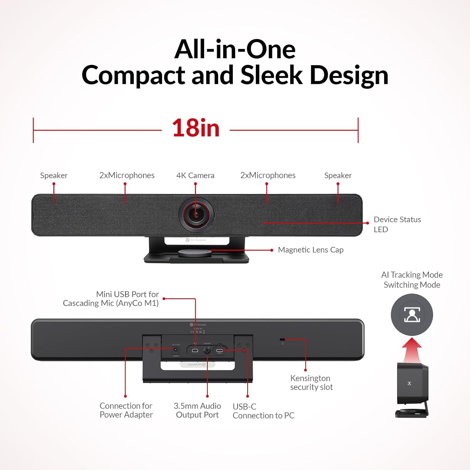AV Access Conference Room Camera, Cascaded Up to 3 Mics for Large Room, 120° FOV 4K Webcam with 4 Microphones, Auto Framing, Speaker Tracking, Video Bar with 3.5mm Audio Out Dual Stereo Speakers