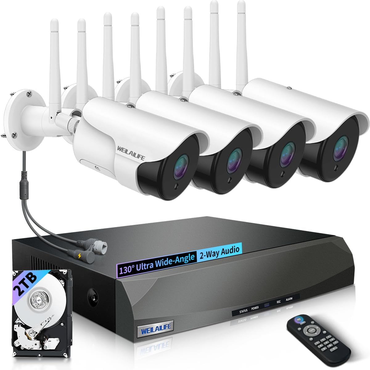 WEILAILIFE 【2-Way Audio & Dual Antenna Enhanced】 90ft Night Vision Outdoor Wireless Security Camera System, Wireless Surveillance Camera System, WiFi Video Surveillance, Home Security Cameras