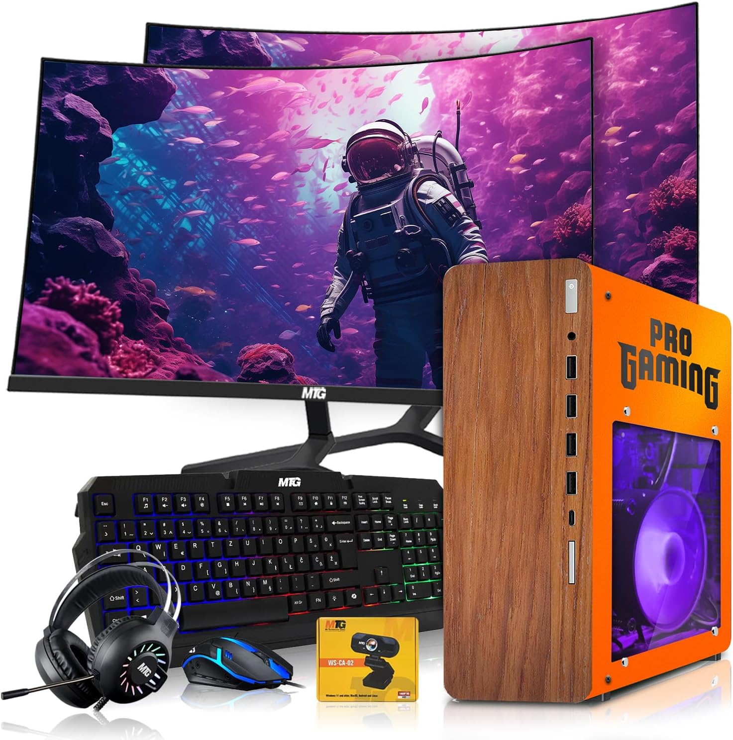 HP Full Dark Gaming PC Desktop Computer Phoenix AMD A10-9700, GT 1030, 16GB RAM, 1TB SSD, Dual 32 Inch Curved Monitor, RGB KBM with AI Copilot, WiFi, RGB Headphone, Webcam, Windows 11 (Renewed)