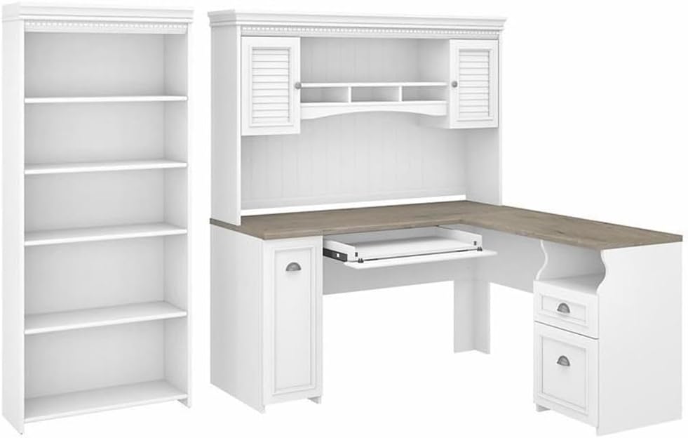 Pemberly Row L Desk with Hutch and Bookcase in White and Gray - Engineered Wood