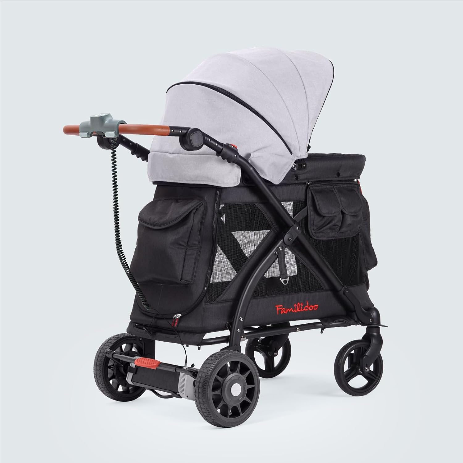 Familidoo Chariot Mini with Electric Stroller Wagon – Multi-Function Stroller Features, Removable Bassinet, 5-Point Safety Harness, Zipable Doors & Mesh Panels (Gray)