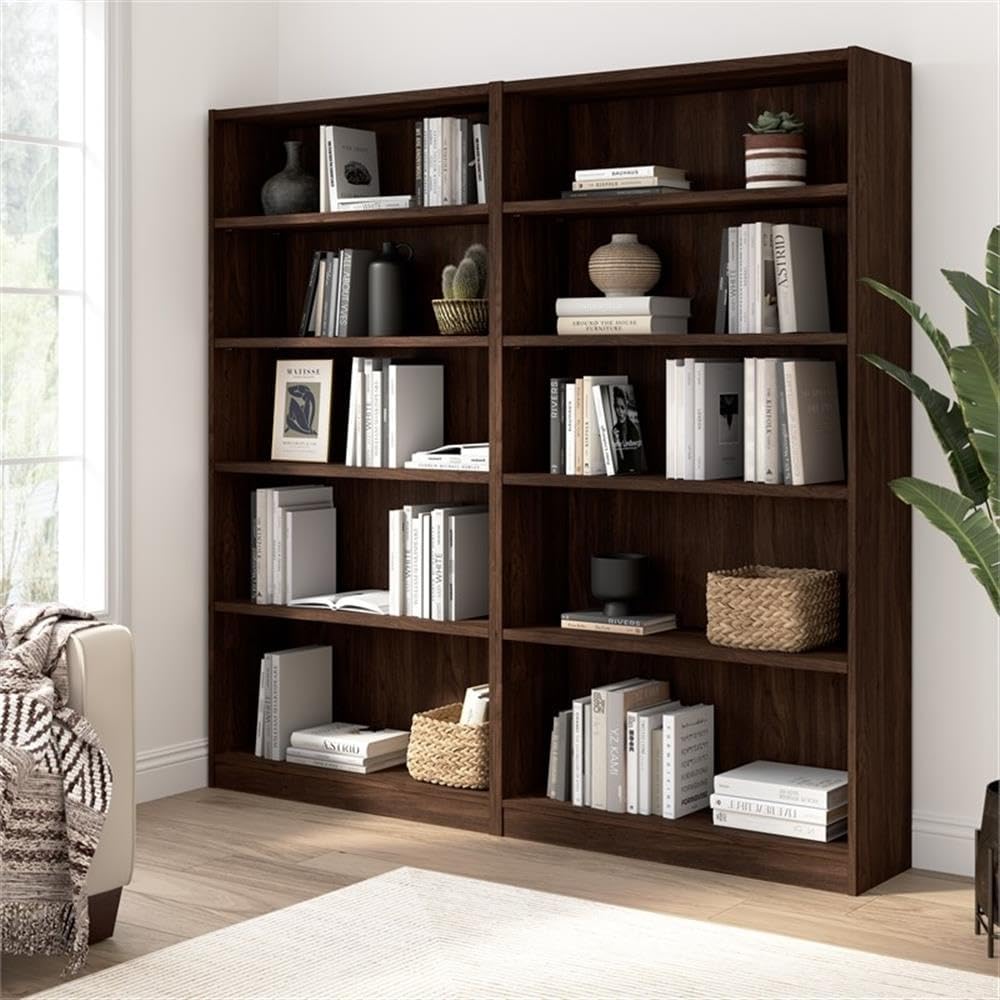 Pemberly Row Tall 5 Shelf Bookcase Set in Black Walnut - Engineered Wood