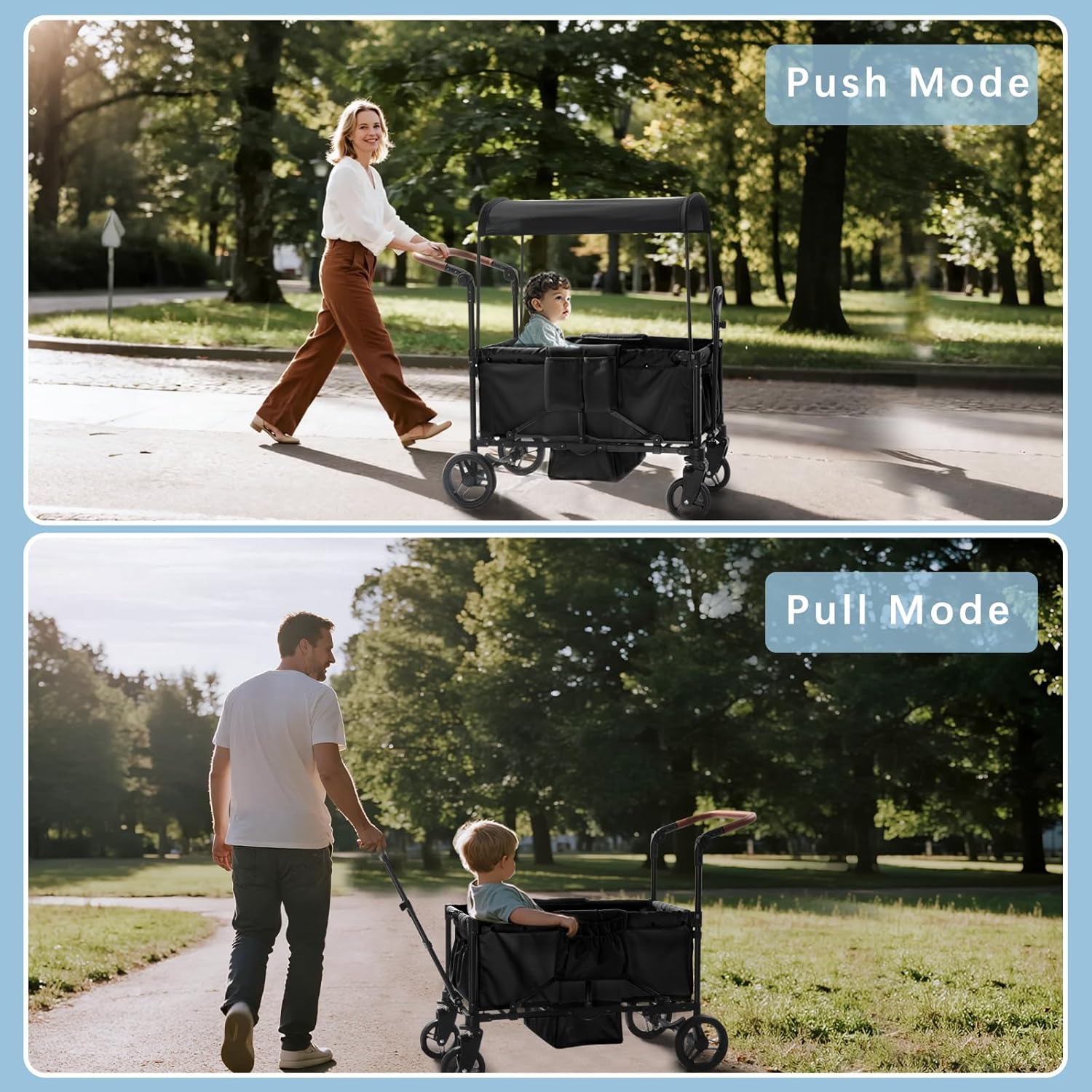 Stroller Wagon for 4 Kids with Footwell, Foldable All-Terrain Wagon Stroller with Adjustable Push/Pull Handle, Parent Organizer, 5-Point Harness, Ideal for Outdoor Adventures (Black)