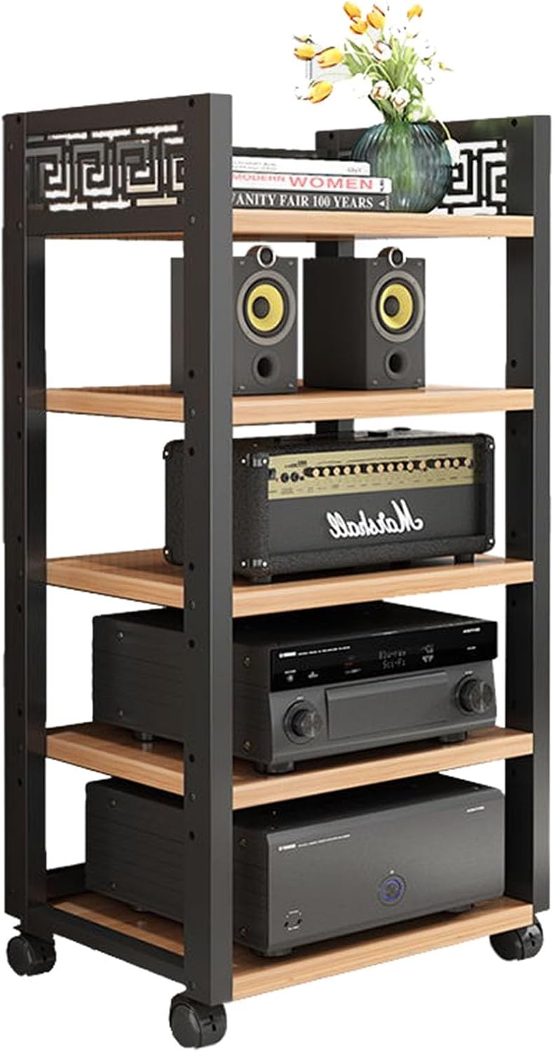 5-Tier Movable AV Media Stand Audio Rack CD Player Stand Stereo Component Storage Cabinet with Height Adjustable Wooden Shelf for Home/Office/Theater