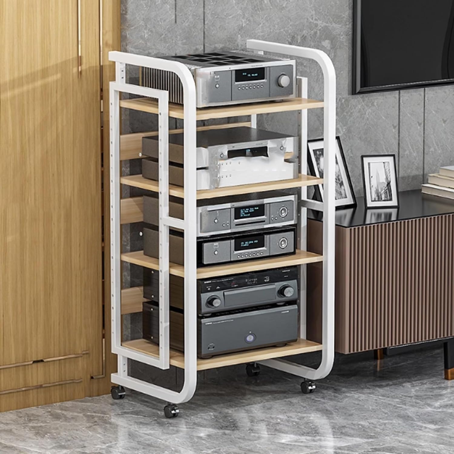 AV Media Stand Audio Cabinet Audio-Video Shelving Stereo Rack Open Storage Audio Rack Cabinet with Wheel Audio Tower Media Console for Recording Room