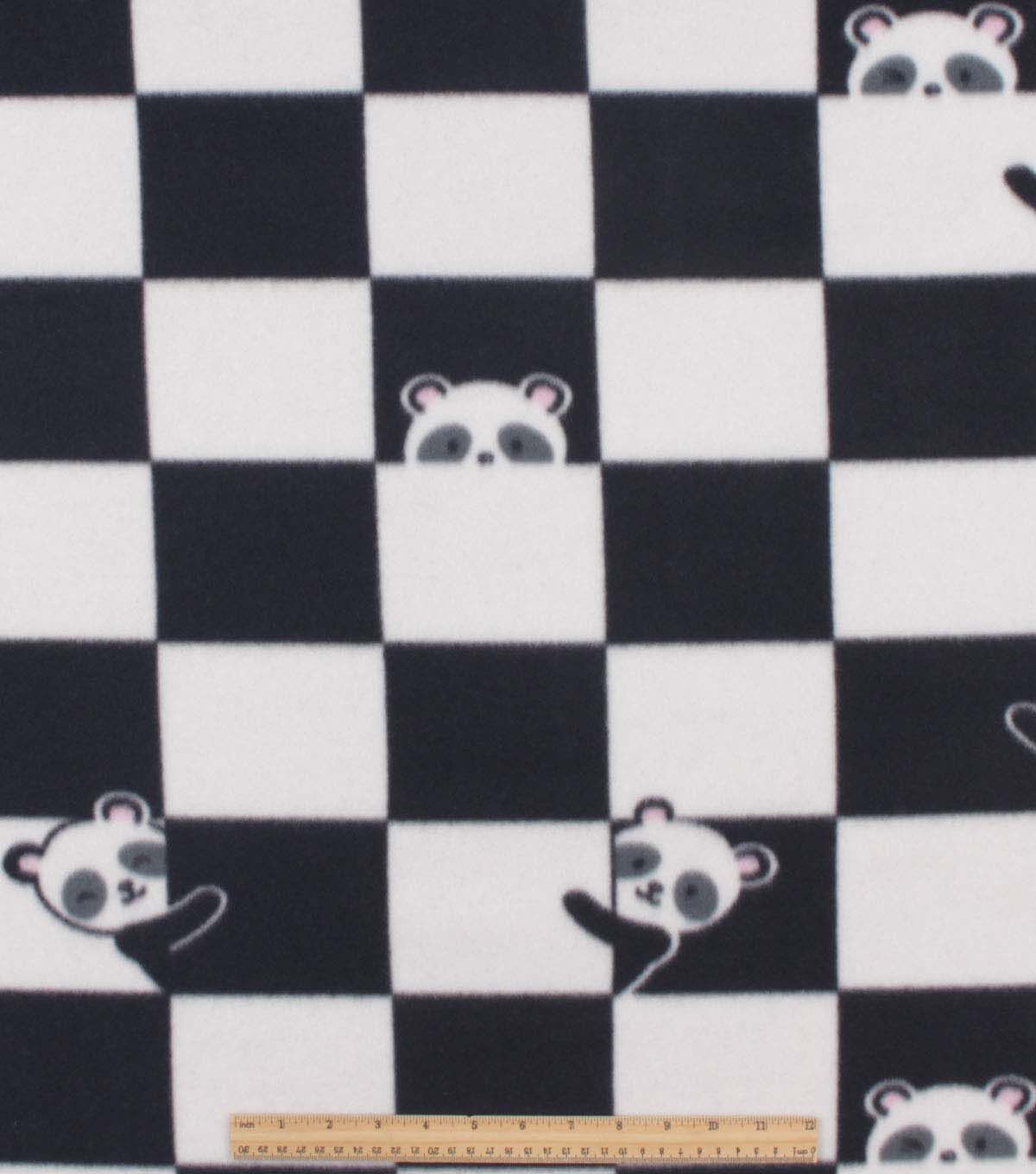 Black & White Checkerboard With Pandas Blizzard Fleece Fabric