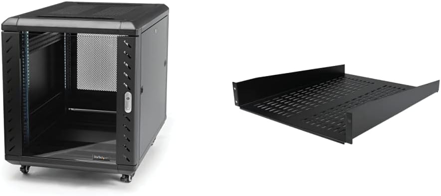 StarTech.com 12U AV Rack Cabinet with Glass Door (RK1236BKF) and StarTech.com 2U Vented Server Rack Shelf (CABSHELF22V)