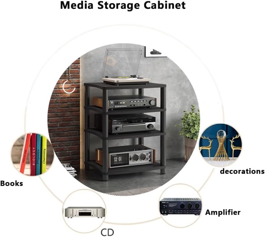 BERWDUXA Record Player Stand AV Media Stand Wood Audio Cabinet HiFi Amplifier Rack 1 2 3 4 Tier Media Console Rack for Home Theater Stereo System(Teak