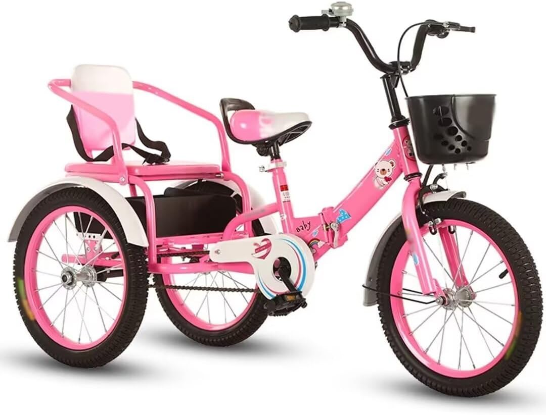 Toddler Pedal tricycles for Age 2-10,Outdoor Trike,Chain Bike,Tandem trikes with Rear seat,Folding Kids tricycles with Single Brake,3 Wheelers (Pink 18 in)